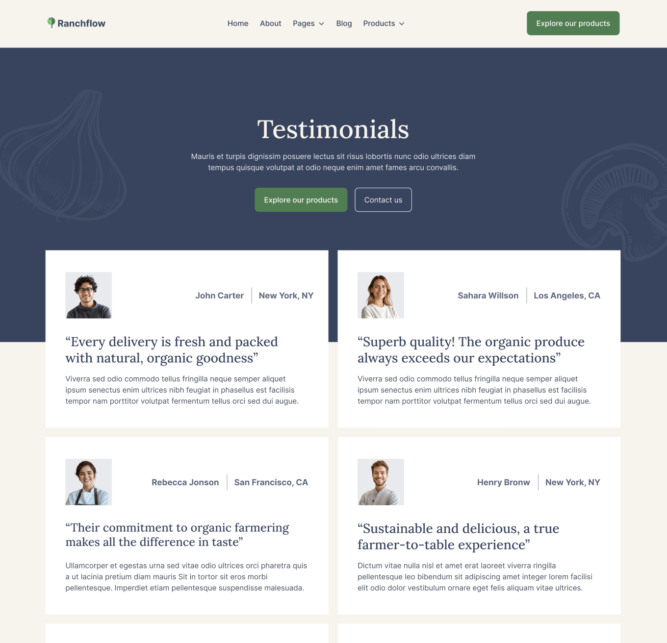 Ranchflow - Testimonials Page - Farm Webflow Template